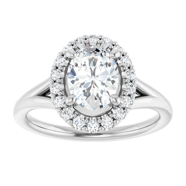 Oval White Gold Halo Solitaire Split Band Lab Diamond Engagement Ring 
