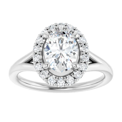 Oval White Gold Halo Solitaire Split Band Lab Diamond Engagement Ring 
