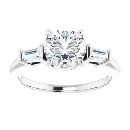 Round Brilliant White Gold Baguette Accent Lab Diamond Engagement Ring 