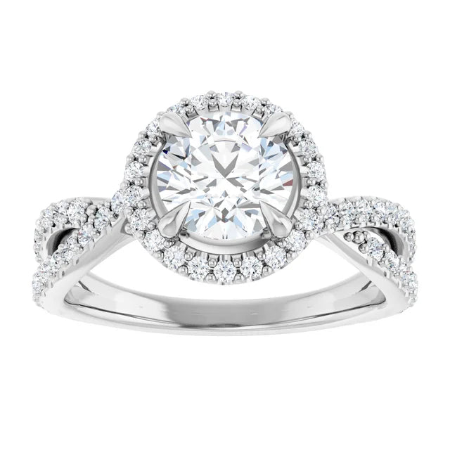 Round Brilliant White Gold Twist Band Halo Lab Diamond Engagement Ring  