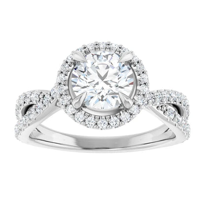 Round Brilliant White Gold Twist Band Halo Lab Diamond Engagement Ring  