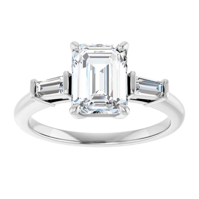 Emerald White Gold Baguette Accent Lab Diamond Engagement Ring 