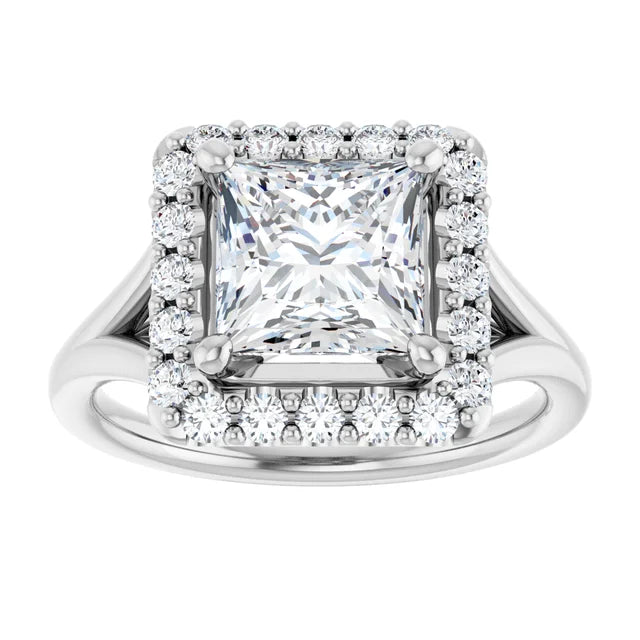 Princess White Gold Halo Solitaire Split Band Lab Diamond Engagement Ring 
