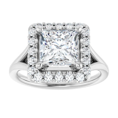 Princess White Gold Halo Solitaire Split Band Lab Diamond Engagement Ring 