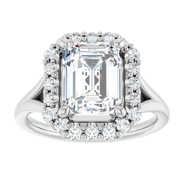 Emerald White Gold Halo Solitaire Split Band Lab Diamond Engagement Ring 
