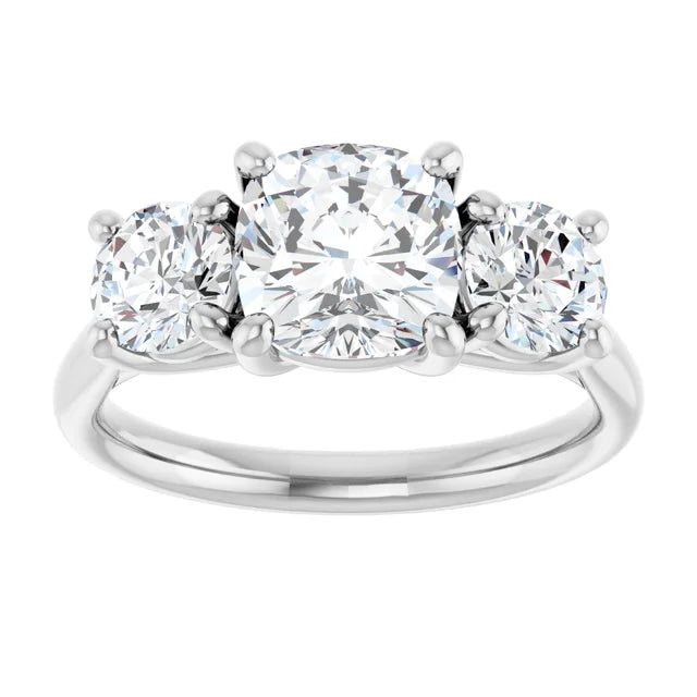 Cushion White Gold Tri Stone Lab Diamond Engagement Ring