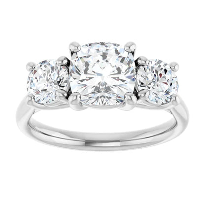 Cushion White Gold Tri Stone Lab Diamond Engagement Ring