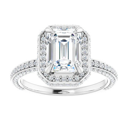 Emerald White Gold Halo Pave Style Lab Diamond Engagement Ring 