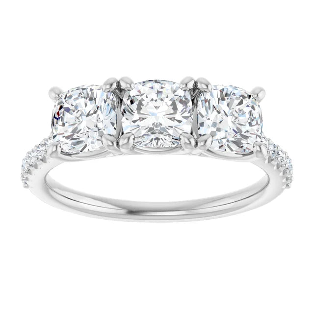 Cushion White Gold Tri Stone Lab Diamonds Engagement Ring 