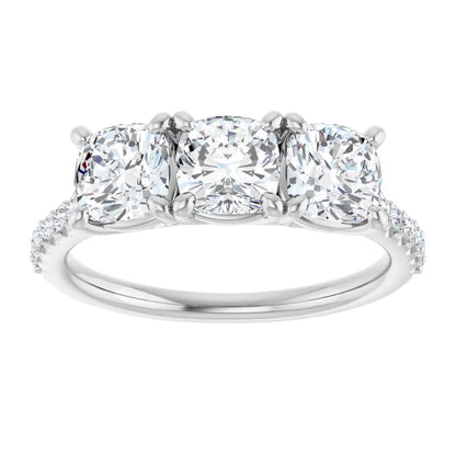 Cushion White Gold Tri Stone Lab Diamonds Engagement Ring 