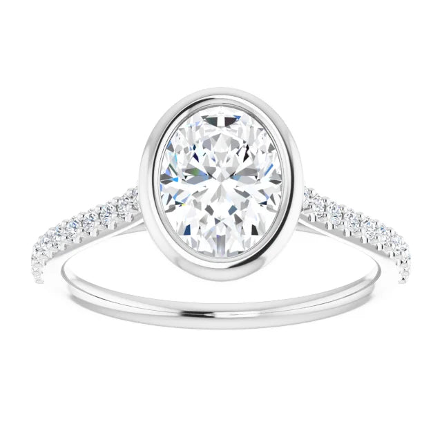 Oval White Gold Bezel Pave Lab Diamond Engagement Ring 
