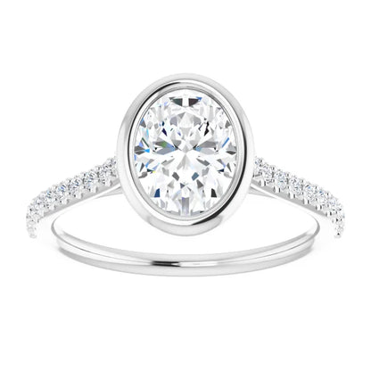 Oval White Gold Bezel Pave Lab Diamond Engagement Ring 