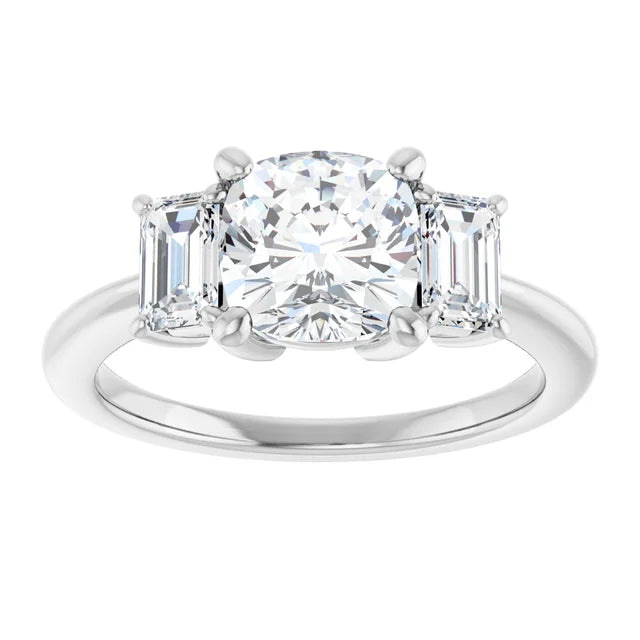 Cushion White Gold Tri Stone Lab Diamond Engagement Ring