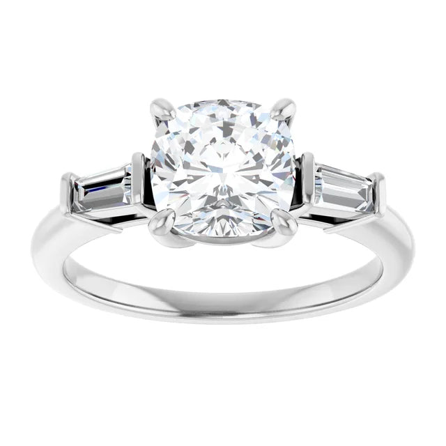Cushion White Gold Baguette Accent Lab Diamond Engagement Ring 