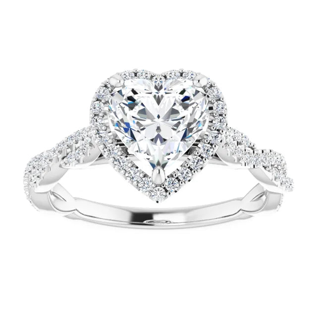 Heart White Gold Halo Twist Pave Moissanite Engagement Ring 
