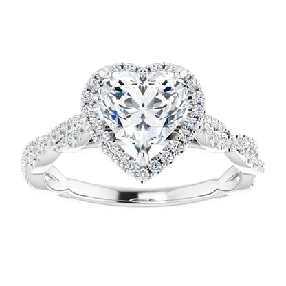 Heart White Gold Halo Twist Pave Moissanite Engagement Ring 