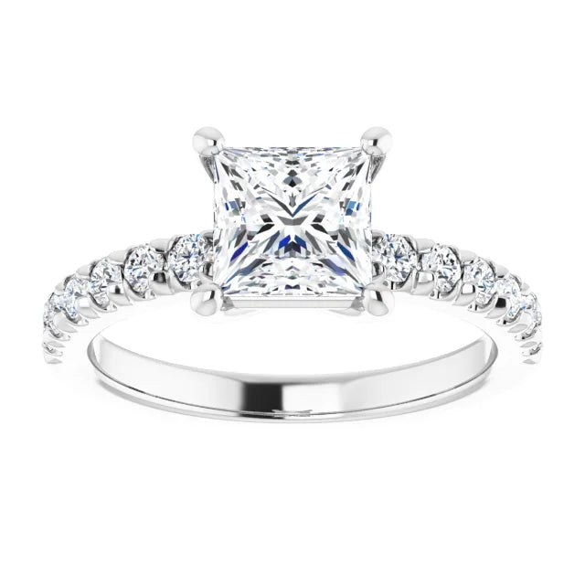 Princess White Gold Four Claw Pave Band Lab Diamond Engagement Ring 