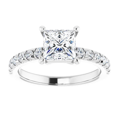 Princess White Gold Four Claw Pave Band Lab Diamond Engagement Ring 