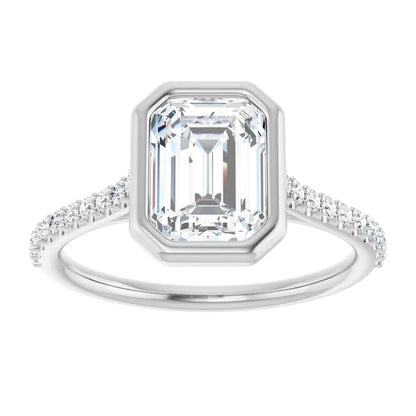 Emerald White Gold Bezel Pave Lab Diamond Engagement Ring 