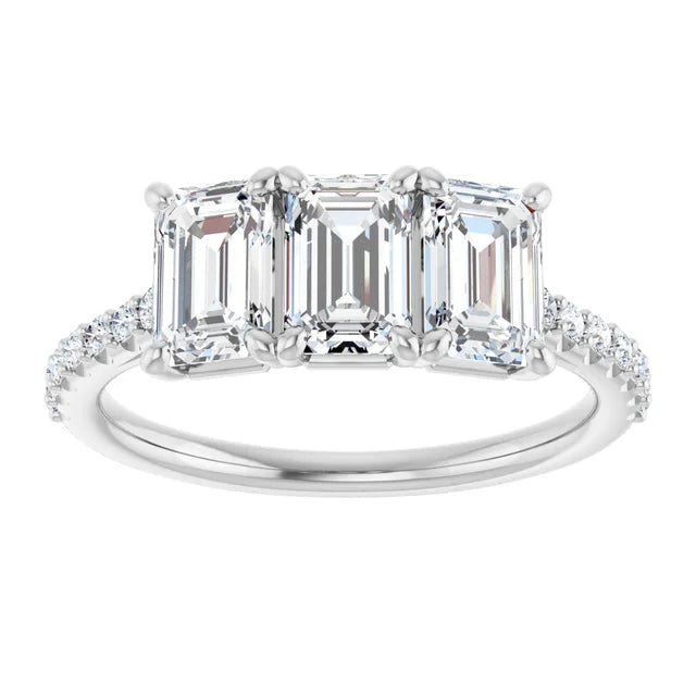 Emerald White Gold Tri Stone Lab Diamonds Engagement Ring 