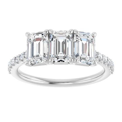 Emerald White Gold Tri Stone Lab Diamonds Engagement Ring 