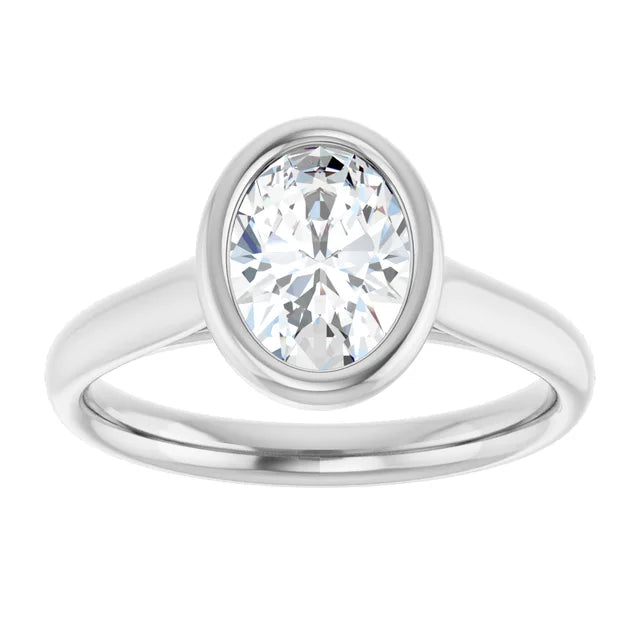 Oval White Gold Bezel Solitaire Lab Diamond Engagement Ring 