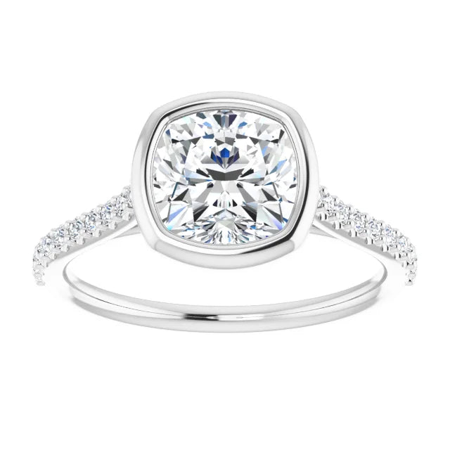 Cushion White Gold Bezel Pave Lab Diamond Engagement Ring 