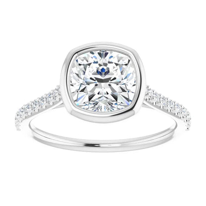 Cushion White Gold Bezel Pave Lab Diamond Engagement Ring 