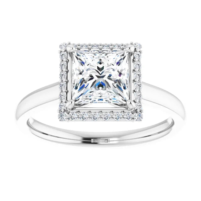 Princess Halo Solitaire Lab Diamond Engagement Ring White Gold. 