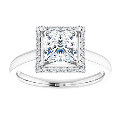 Princess Halo Solitaire Lab Diamond Engagement Ring White Gold. 