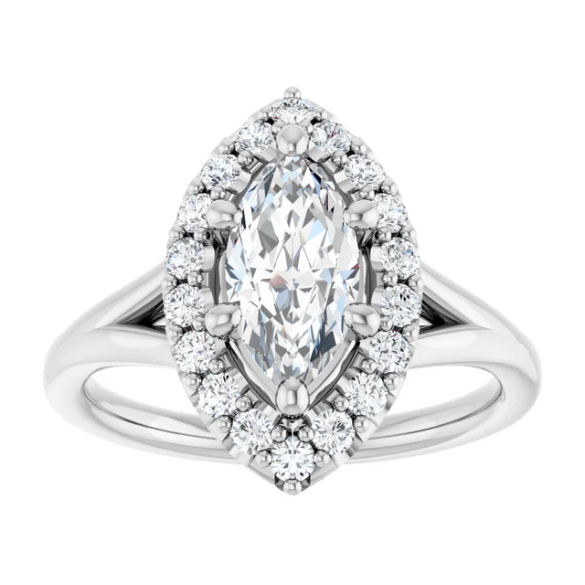 Marquise White Gold Halo Solitaire Split Band Lab Diamond Engagement Ring 