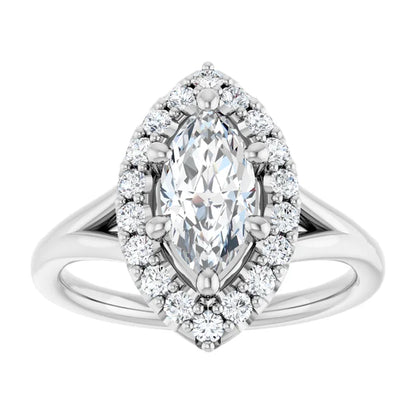 Marquise White Gold Halo Solitaire Split Band Lab Diamond Engagement Ring 