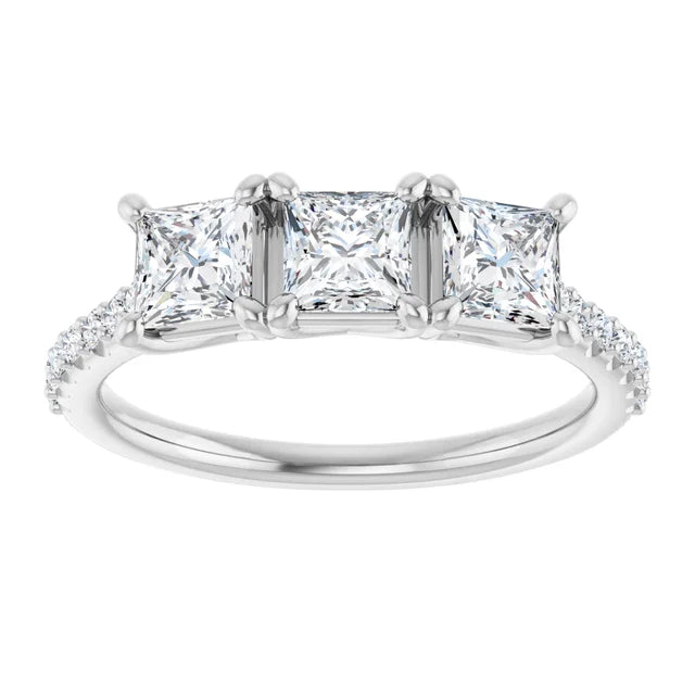 Princess White Gold Tri Stone Lab Diamonds Engagement Ring 