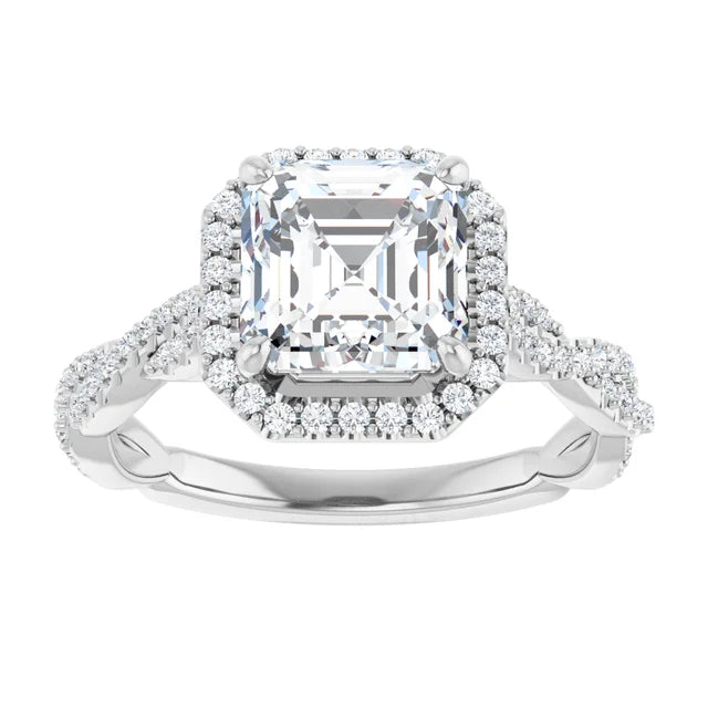 Asscher White Gold Halo Twist Pave Moissanite Engagement Ring 