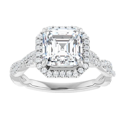 Asscher White Gold Halo Twist Pave Moissanite Engagement Ring 