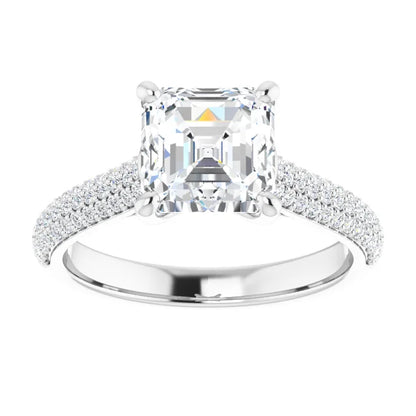 Asscher White Gold Pave Lab Diamond Engagement Ring 