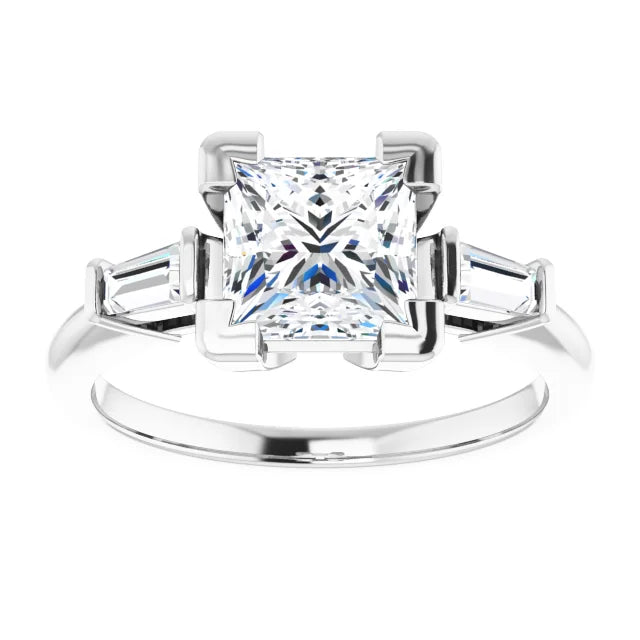 Princess White Gold Baguette Accent Lab Diamond Engagement Ring