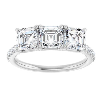 Asscher White Gold Tri Stone Lab Diamonds Engagement Ring 