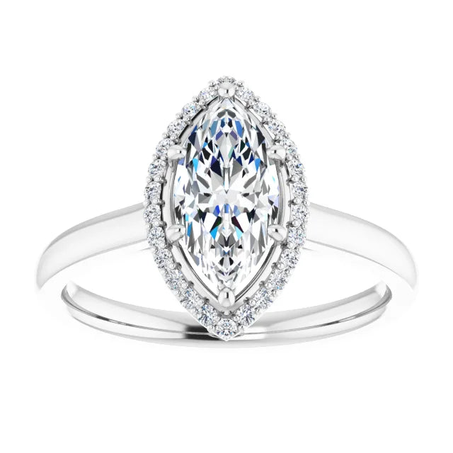 Marquise Halo Solitaire Lab Diamond Engagement Ring White Gold. 
