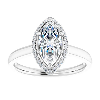 Marquise Halo Solitaire Lab Diamond Engagement Ring White Gold. 