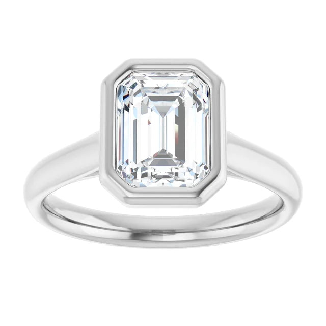 Emerald White Gold Bezel Solitaire Lab Diamond Engagement Ring 