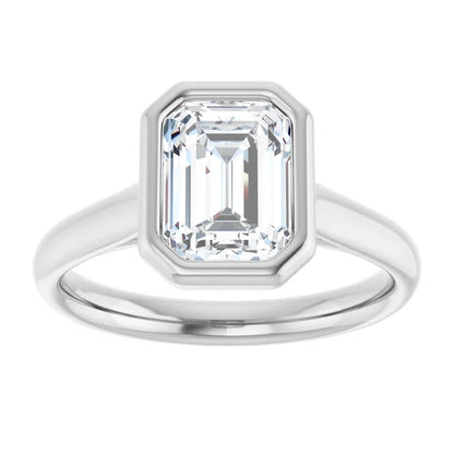 Emerald White Gold Bezel Solitaire Lab Diamond Engagement Ring 