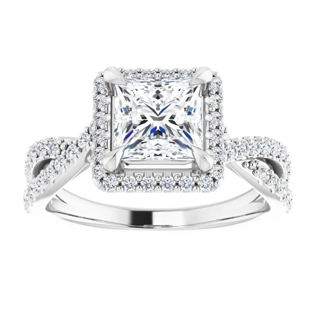 Princess White Gold Twist Band Halo Lab Diamond Engagement Ring  