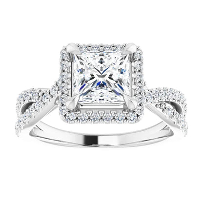 Princess White Gold Twist Band Halo Lab Diamond Engagement Ring  