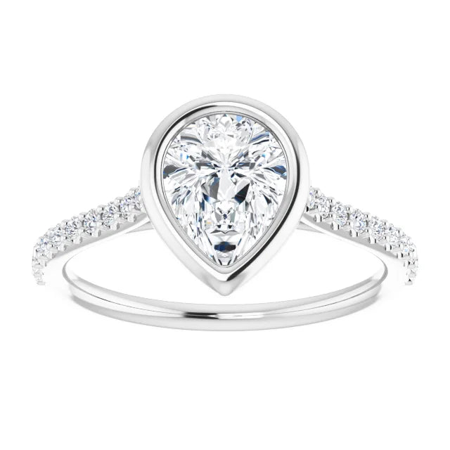 Pear White Gold Bezel Pave Lab Diamond Engagement Ring 