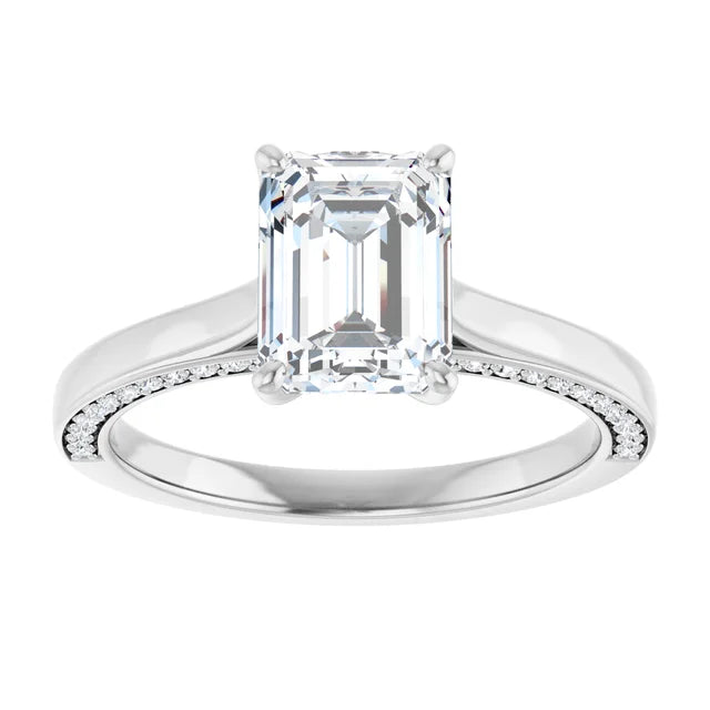 Emerald White Gold Solitaire & Hidden Diamond Band Engagement 