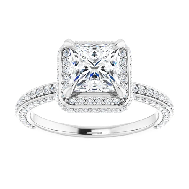 Princess White Gold Halo Pave Style Lab Diamond Engagement Ring 