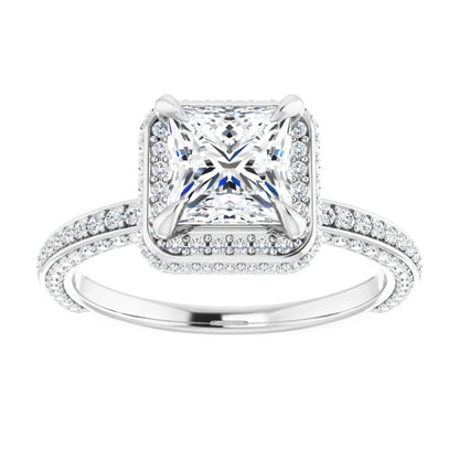 Princess White Gold Halo Pave Style Lab Diamond Engagement Ring 