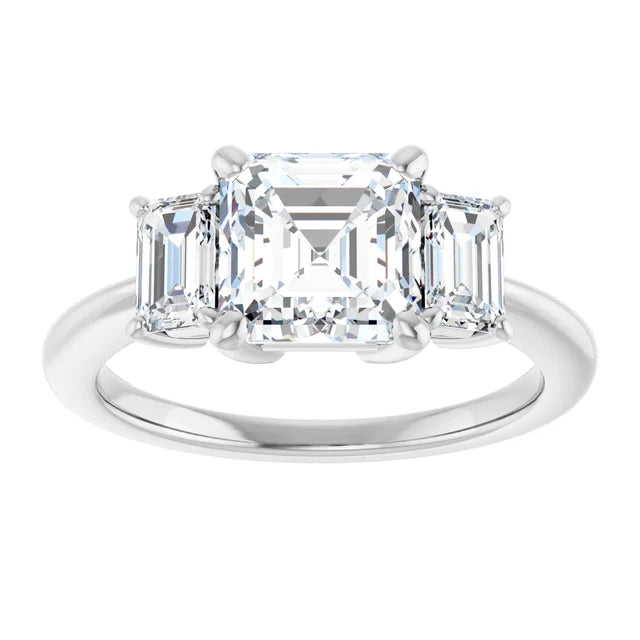 Asscher White Gold Tri Stone Lab Diamond Engagement Ring