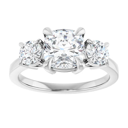 Cushion White Gold Tri Stone Lab Diamond Engagement Ring 